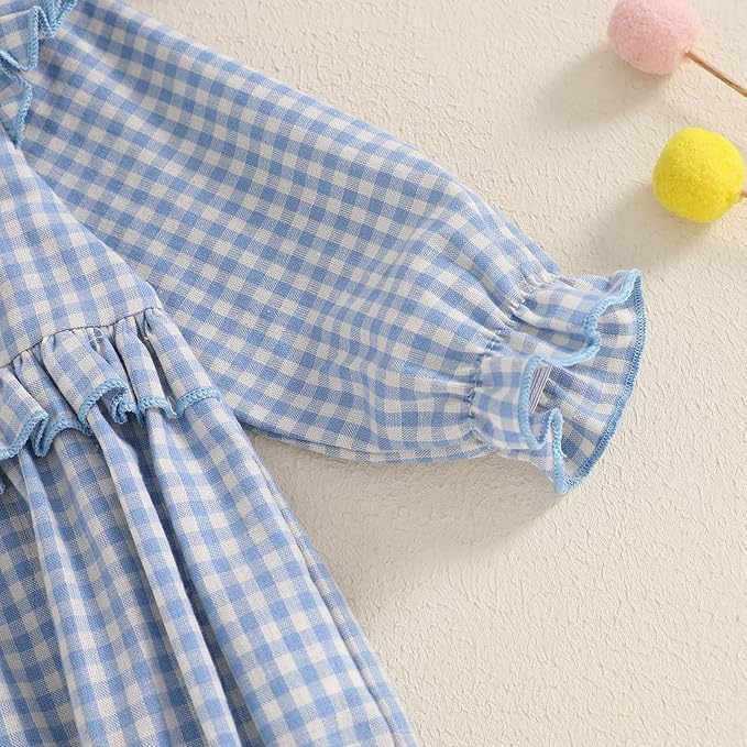 Karuedoo Newborn Baby Girl Clothes Gingham Plaid Bubble Romper Long Sleeve Ruffle Bodysuit with Headband Spring Fall Outfit