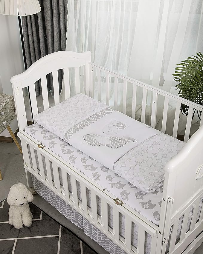 La Premura Baby Crib Bedding Set for Boys, Gray Elephants & Puppy 3 Piece Standard Size Grey Crib Set, Fitted Sheet, Quilt & Skirt, Unisex Nursey Bedding and Neutral Decor