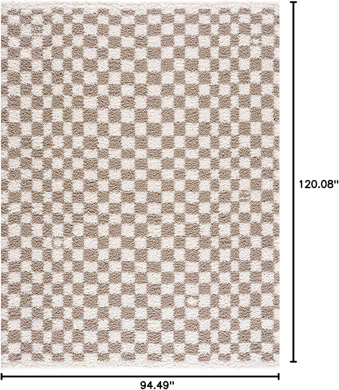 Hauteloom Kieu Contemporary Checkered Fluffy Shag Area Rug - Modern Geometric Soft Carpet Tiles for Living Room, Kids Room, Nursery - Gray, Taupe, White - 7'10" x 10'