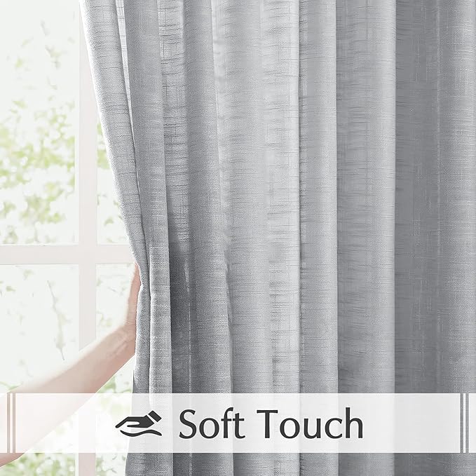 FMFUNCTEX Linen Semi Sheer Curtains 108 Inches Long for Living Room, Grey Pinch Pleated Curtains for Bedroom, Light Filtering Extra Long Farmhouse Window Drapes Rod Pocket Back Tab 2 Panels Set
