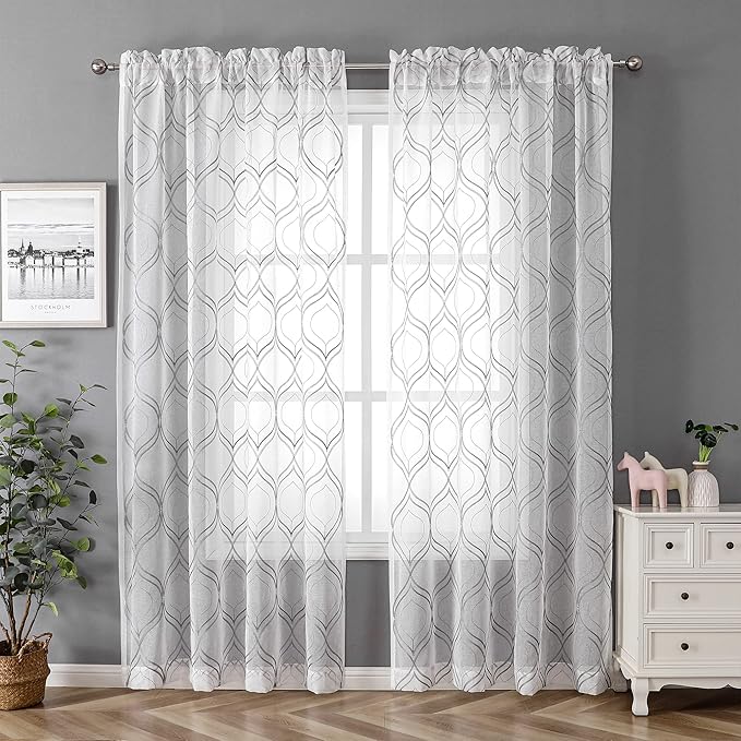VISIONTEX White Sheer Curtains 120 Inches Long 2 Panels Set Grey Moroccan Embroidered Curtains Trellis French Textured Rod Pocket Voile Tulle Semi Window Drapes for Bedroom Living Room 54 x 120 Inch