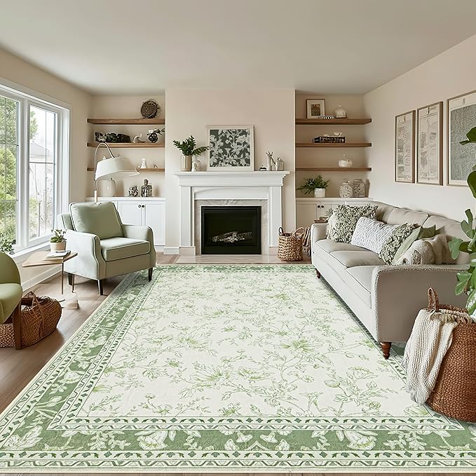 Green Boho 9x12 Rug Living Room Extra Large Washable Non Slip Soft Faux Wool Farmhouse Carpet for Bedroom Dining Room Playroom Cream Beige and Green Peony Lily Aesthetic Pattern Floral Area Rug