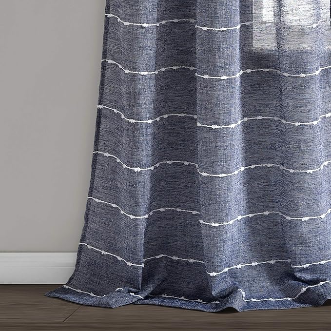 Lush Decor Farmhouse Textured Grommet Sheer Window Curtain Panel Pair, 38"W x 120"L, Navy