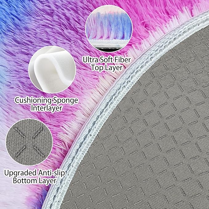 Rainbow Round Rugs 3ft Kids Rugs for Girls Bedroom, Fluffy Princess Shag Carpet Unicorn Rugs Room Decor, Small Circle Area Rugs for Baby Nursery, Toddler Room Decor