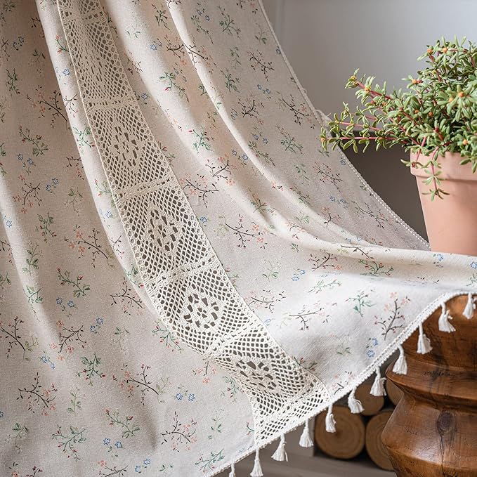 ENJOYBRIDAL Floral Curtains 84 Inch Length 2 Panels Crochet Lace Patchwork Drapes Semi-Sheer Boho Tassel Bedroom Living Room Farmhouse Beige Country Rustic Rod Pocket Window Curtain Panels