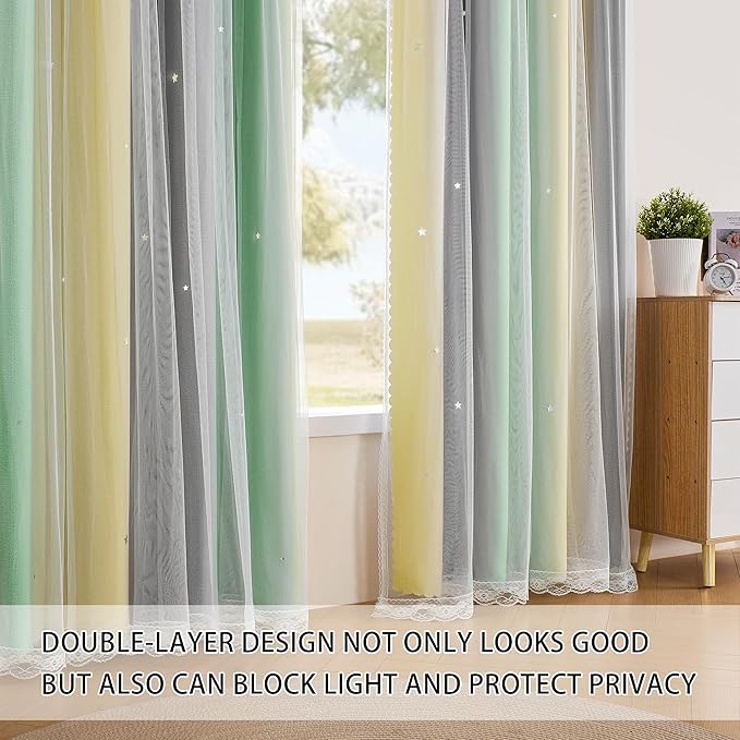 XiDi Grey Green Yellow 90 Inches Curtains for Girls Bedroom 2 Panels Set, Blackout Rainbow Curtains for Kids Room Decor, Unicorn Wall Decals Drapes for Little Girl Nursery Room 34 Inches Wide