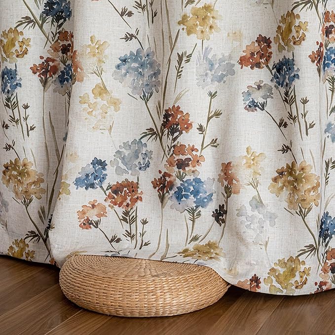 MYSKY HOME 100% Blackout Linen Floral Curtains 63 Inch Long 2 Panels for Bedroom Farmhouse Flower Patterned Double Layer Thermal Insulated Black Out Grommet Window Treatments, Yellow, 52" W Each Panel