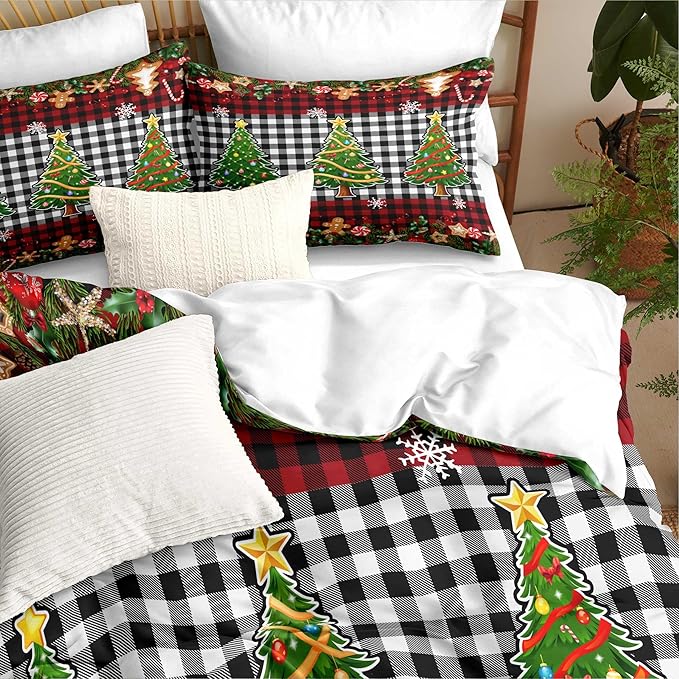 Christmas Duvet Cover Twin Size Black White Gingham Bedding Set Kids Boys Girls Red Plaid Grid Christmas Tree Gingerbread Man Comforter Cover 2 Pcs with Zipper Closure (No Comforter)