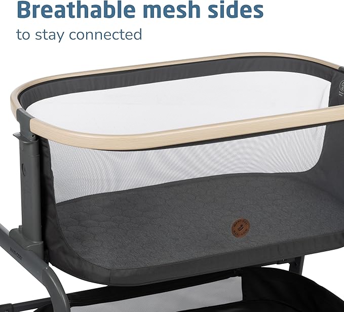 Maxi-Cosi Iora Baby Bassinets Bedside Sleeper, Portable Bassinet, Infant Bedside Sleeper Crib, Height Adjustable, Breathable Mesh, Large Storage Basket, Classic Graphite