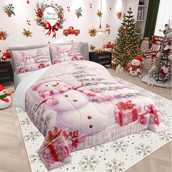 Xmas Tree Gift 3 Pcs Comforter/Duvet Set,Merry Christmas Ultra Soft Bed Collection,Pink Christmas Snowman Bedding for Room Decor 3 Pcs,Microfiber Breathable,King