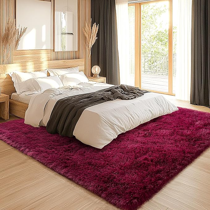 8x10 Rug - Non-Slip Area Rug Washable for Living Room - Height Pile Fluffy Throw Rugs Carpet for Bedroom - Burgundy