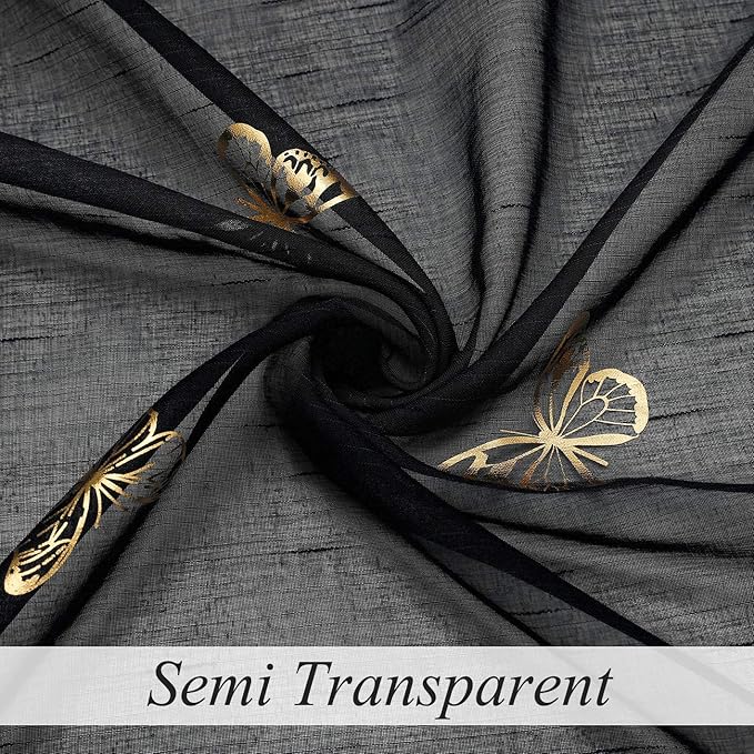 Jubilantex Black and Gold Butterfly Sheer Curtain Panels 52 Inches Wide for Kids Girls Bedroom, Elegant Gold Print Voile Rod Pocket Curtains, 63 Inch Long, Set of 2