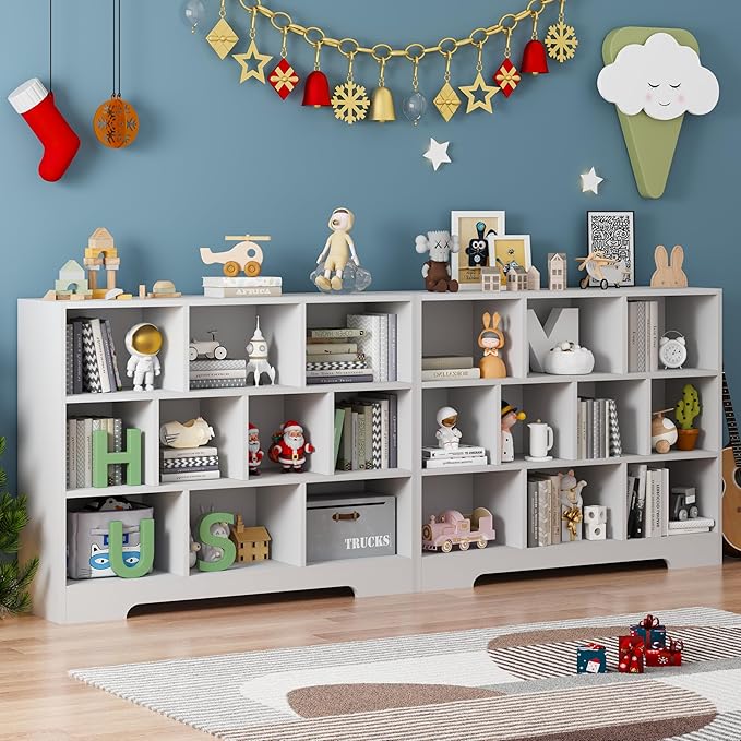 Kids Book Shelf Set of 2, 10 Cubes Storage Organizer Montessori Bookshelf, 3-Tier Wooden Kids Bookcase, Toy Storage Organizer for Children, White Toddler Bookshelf Cube Shelf for Kid’s Room