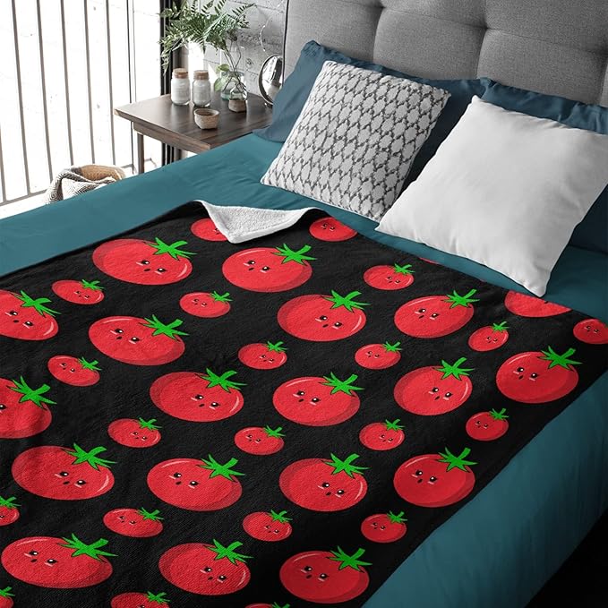 Thuswarm Cute Tomato Kawaii Black Flannel Throw Blanket Warm Cozy Soft Funny Print Blankets for Bed Couch Sofa Room Decoration Gifts 80”×60” Large for Adult