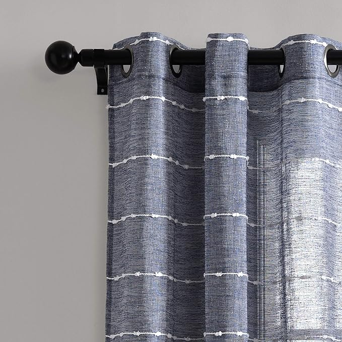 Lush Decor Farmhouse Textured Grommet Sheer Window Curtain Panel Pair, 38"W x 120"L, Navy