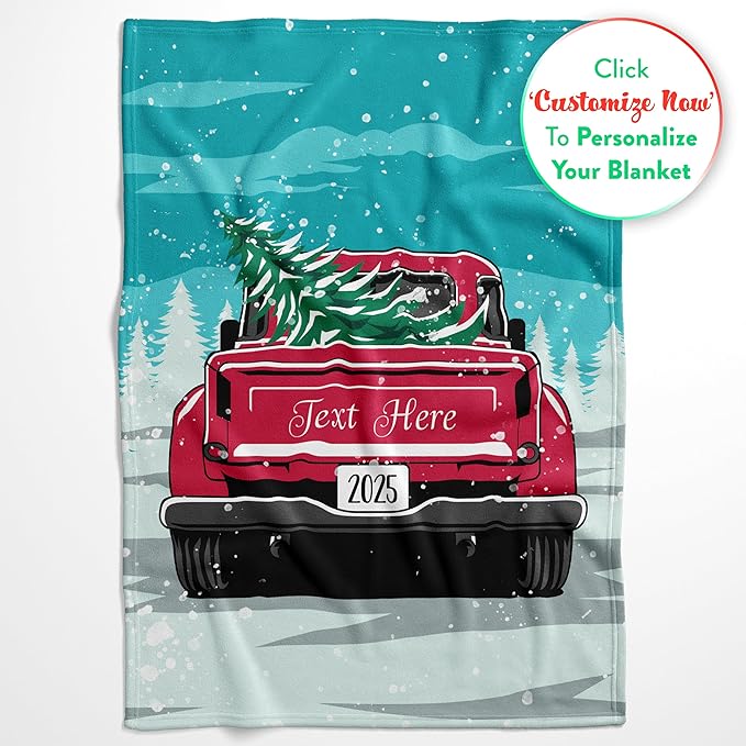 Personalized Christmas Blanket, Vintage Red Truck and Tree - Ships Next Day, Printed in USA - Warm Fleece or Sherpa Sofa Throw, Cute Holiday Décor - Customizable Family Throws (Sherpa 60x80)