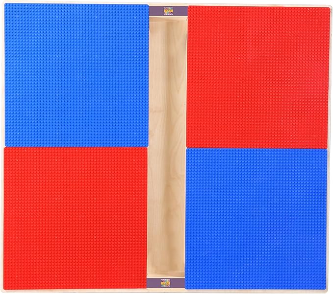 Contender Time-2-Play 35" Square Red & Blue Hardwood Lego Compatible Table for Kids with 16" Long Legs, Built to Last Children Desk for Playroom, with Trough & Shelf