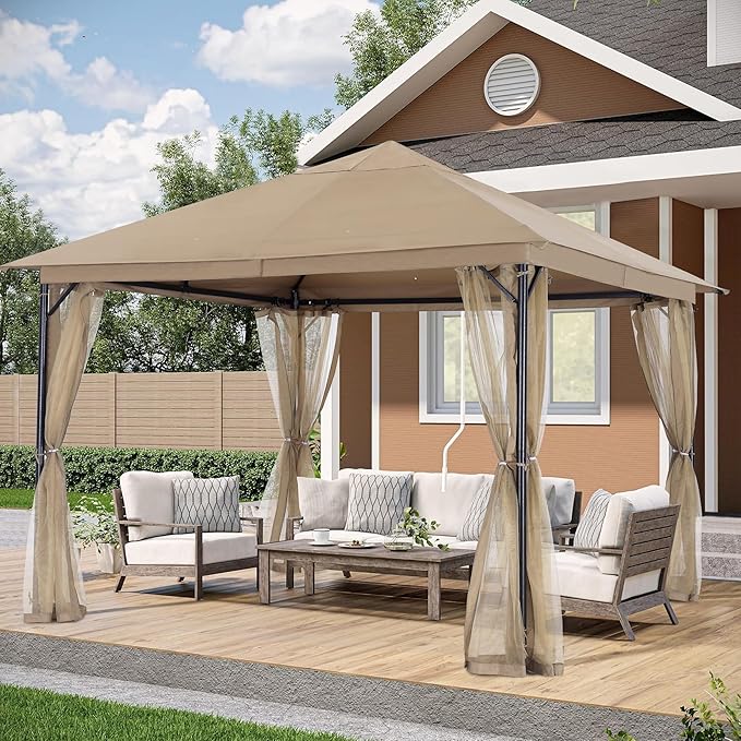 ABCCANOPY Outdoor Patio Gazebo 11x11 - Single Roof Canopy with Mosquito Netting for Backyard, Deck, Garden, Lawn, Khaki