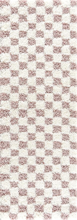 Hauteloom Atira Contemporary Checkered Fluffy Shag Area Rug - Modern Geometric Carpet Tiles for Living Room, Kids Room, Nursery - Plush Pile - Pink, Cream, White - 7'10" x 10'3"
