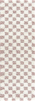 BoutiqueRugs Atira Modern Checkered Shag Runner Rug - High Pile Fluffy Shaggy Carpet for Kids Room, Hallway, Bedroom - Pink, Cream, White, Blush, Rose - 2'7" x 7'3" (2x8)
