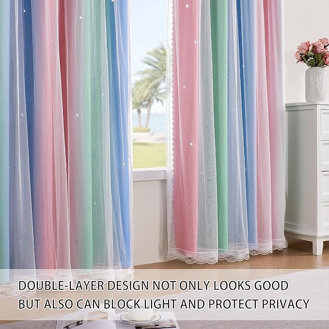 XiDi Girls Curtains for Bedroom 96 Inches Long 2 Panels Pink Green Blue Rainbow Blackout Curtains for Little Girl Kids Room Decor Living Room, Princess Unicorn Wall Decals Drapes 52x96
