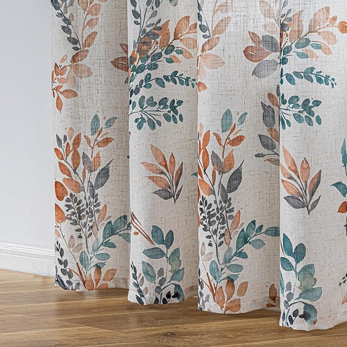 MYSKY HOME Curtains for Living Room Semi Sheer 84 inch Length Light Filtering Privacy Protect Drapes Set Linen Blended Texture Soft Touch Leaves Pattern Treatment, 52" Wide, Burnt Orange, 2 Panels