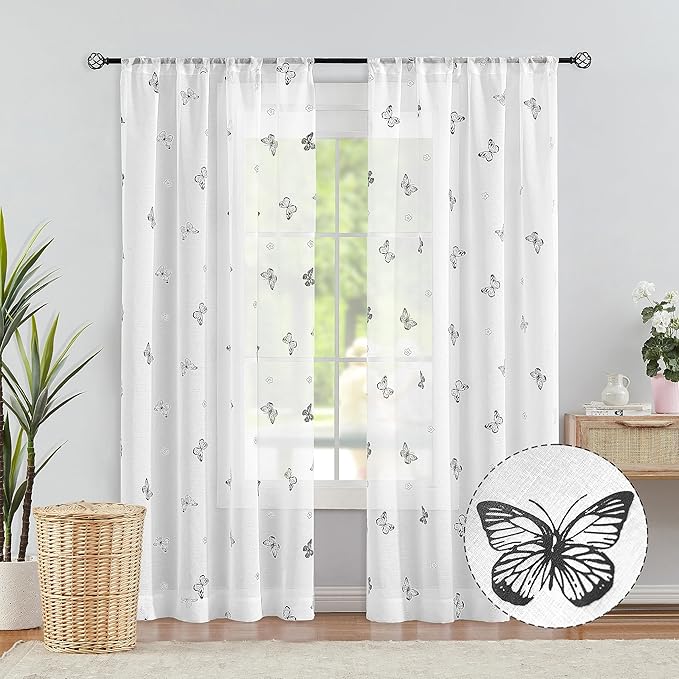 Jubilantex White Sheer Curtain Panels Black Butterfly Floral Pattern Design Drapes 63 Inches Long, Girls Kids Bedroom Textured Window Curtains Light Filtering Rod Pocket Top Drapery, Set of 2