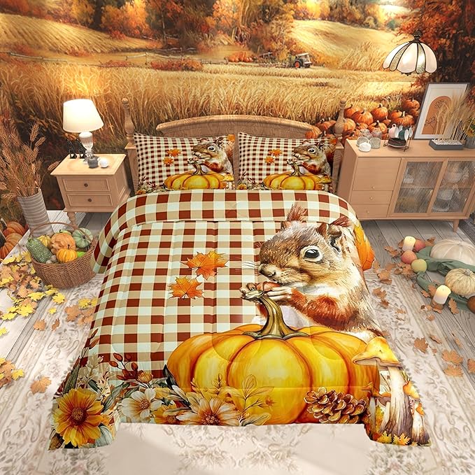 Squirrel Pumpkin Flower 3 Pcs Queen Size Comforter Set,Vintage Yellow Geometric Grid Down Alternative Adults Bedroom Decor,Autumn Harvest Thanksgiving Ultra Soft Microfiber Inner Fill 3Pcs Bedding