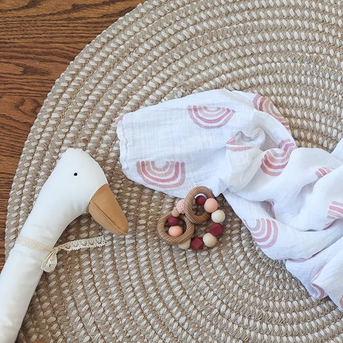 Ely's & Co. Cotton Muslin Swaddle Blanket 2-Pack for Baby Girl — 100% Cotton Muslin Extra-Large Swaddle Blankets (47” x 47”) Dusty Rose Stripes | Rainbows