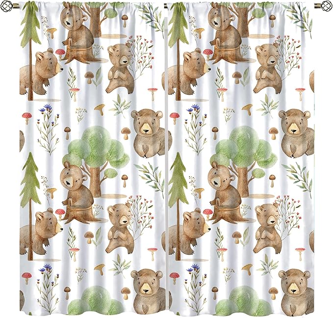 Forest Animal Curtains,Kids Home Bedroom Window Treatments, Cartoon Watercolor Bear Squirrel Woodland Animal Drapes 84x84in