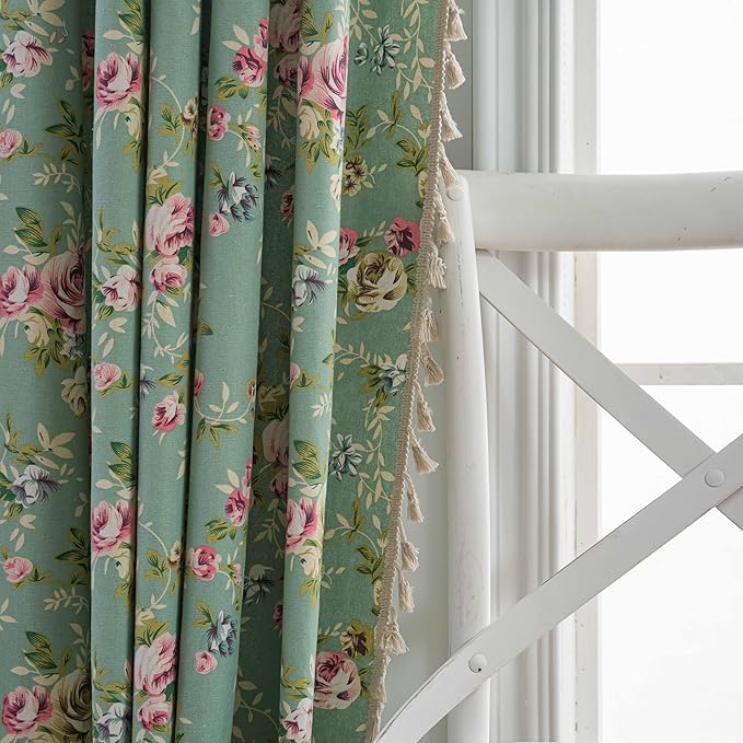 ENJOYBRIDAL Floral 96 Inch Curtains for Living Room Green Drapes Bedroom Semi Sheer Rod Pocket Long Window Curtains 2 Panel Sets Boho Farmhouse Vintage Light Filtering Window Treatments