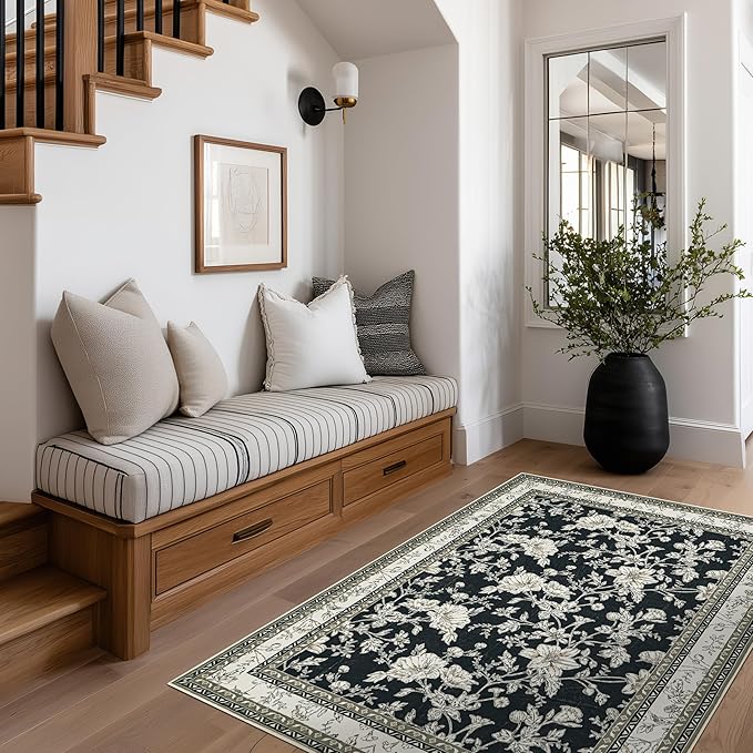 3x5 Black Floral Area Rug for Entryway Soft Washable Modern Boho Farmhouse Rug Non-Slip Taupe Beige Sketch Style Flower Vintage Aesthetic Carpet for Dorms, Bedroom, Office, Dining Room Door Mat 3x5
