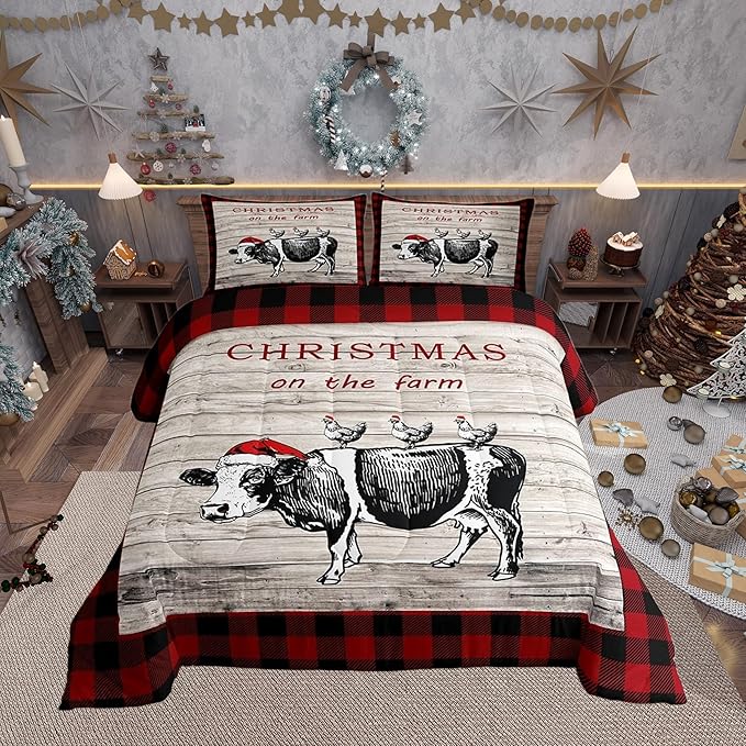 Christmas Farm Boys Kids Comforter Set Full Size,Vintage Wooden Plank Red Grids Duvet Set Room Decor,Cartoon Cow Chicken Brushed Microfiber Soft Bedding Comforter
