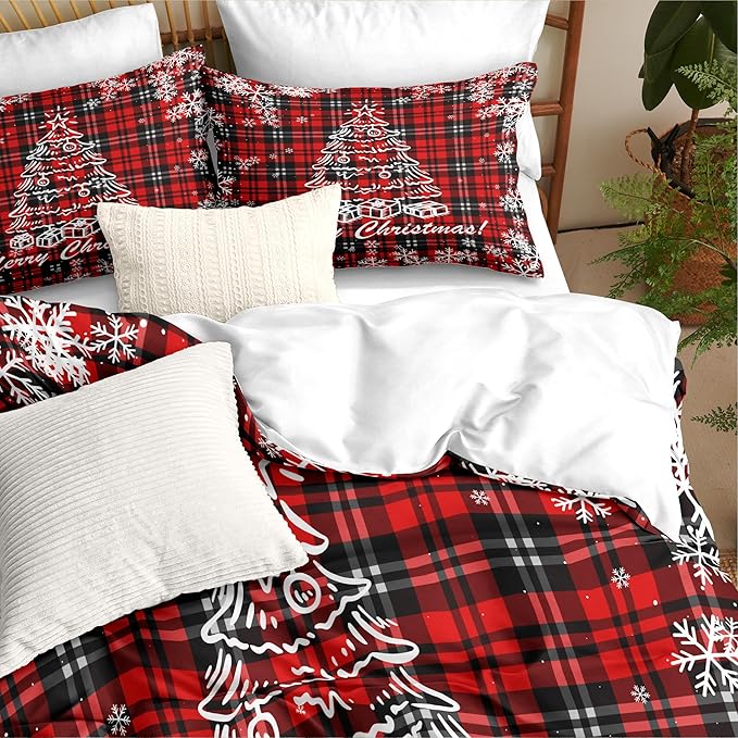 Christmas Duvet Cover Queen Size Black Red Gingham Xmas Bedding Set 3 Pcs Kids Boys Girls Christmas Tree Plaid Pattern Soft Comforter Cover with Zipper Closure (No Comforter)