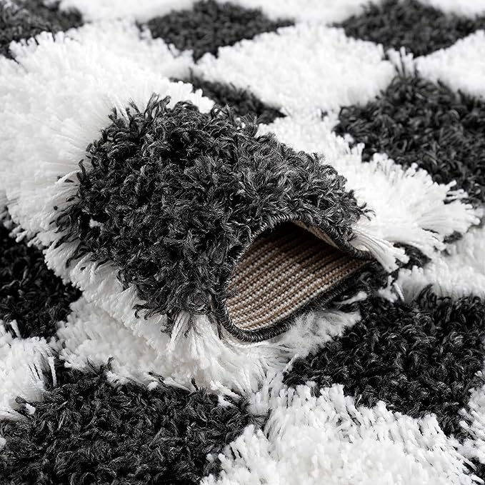 Hauteloom Atira Contemporary Checkered Fluffy Shag Area Rug - Modern Geometric Carpet Tiles for Living Room, Kids Room, Nursery - Plush Pile - Black, White - 5'3" x 7'3"