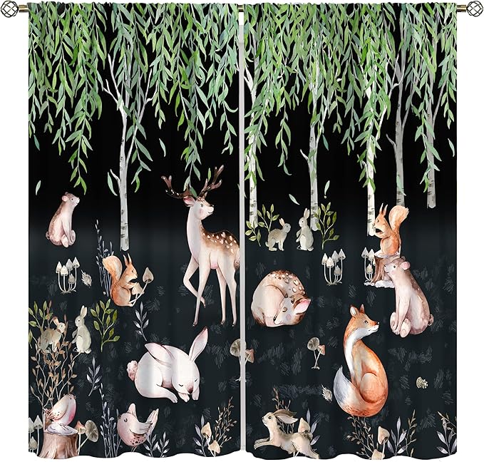 Forest Animal Curtains, Watercolor Cartoon Woodland Plants Animals Bears Moose Mushrooms Printed Curtains for Kids Boys and Girls Bedroom Window Drapes 55x63in