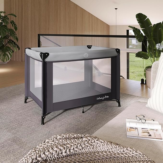 Dream On Me Nest Portable Playard , Award-Winning Lightweight Travel Playpen for Baby. Quick Fold, Mesh Sides, Foldable Mattress Pad, No-Tool Assembly, Meets ASTM/CPSC Standards -Grey