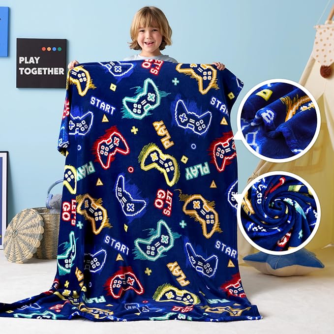 Joiedomi Glow in The Dark Gaming Blanket Gamer Gifts for Boys Age 2 3 4 5 6 7 8 9 10 11 12 Year Old, Soft Cozy Flannel Kids Throw Blanket, Birthday Bedroom Decor Dark Blue 50"×60"
