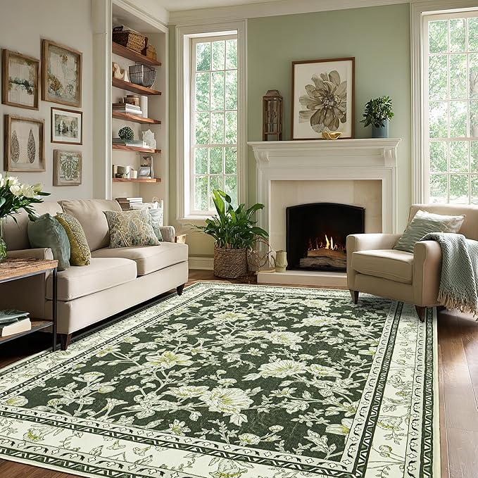 Olive Green Floral Print Area Rugs for Bedroom Living Room Boho Farmhouse Country Rustic Dining Room Carpet Soft Washable Rugs Non Slip Floor Covering for Nursery Playroom 8x10