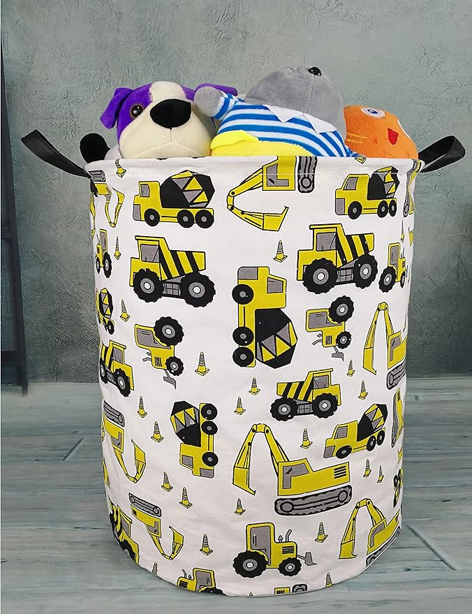 KUNRO Round Laundry Gift Basket Storage Hamper, Kids Toys and Clothes Storage Organizer Bins, Toy Shelf Basket with Handles for Room Decor (Excavator)