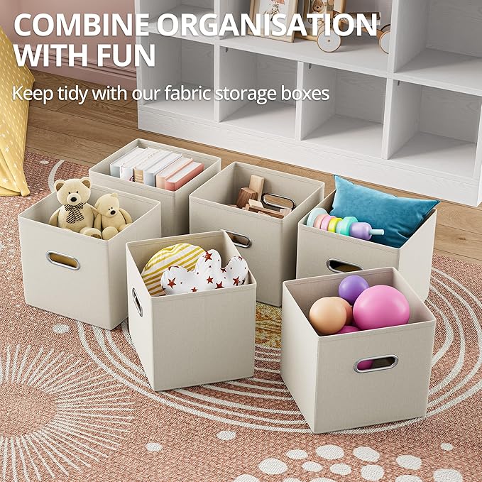 IRONCK Toy Storage Organizer with 6 Bins, Wooden 4-Tier Floor Standing Open Bookshelf Storage Cubby, 12-Cube Storage Shelf Bookcase, Kids Bookshelf and Toy Storage, Beige