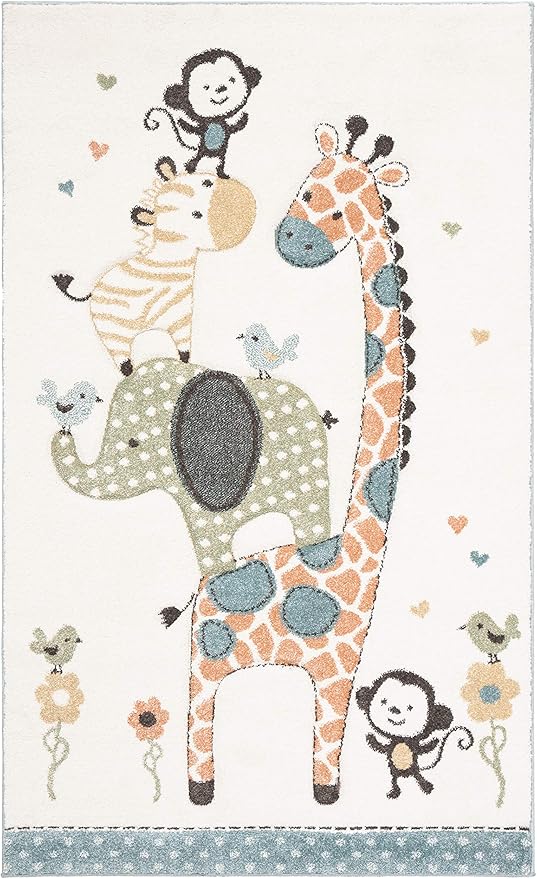 SAFAVIEH Carousel Kids Collection Accent Rug - 3'3" x 5'3", Ivory, Animal Design, Non-Shedding & Easy Care, Ideal for High Traffic Areas for Boys & Girls in Playroom, Nursery, Bedroom (CRK120A)