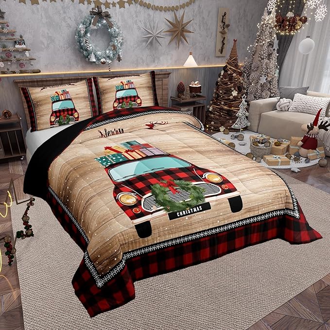 Snowflake Deer Red Plaid Comforter Set with 2 Pillowcases,Rustic Farmhouse Brown Wooden Super Soft Microfiber Bedding Set for Adults Teens,Christmas Plaid Truck Duvet Set for Room Decor,King