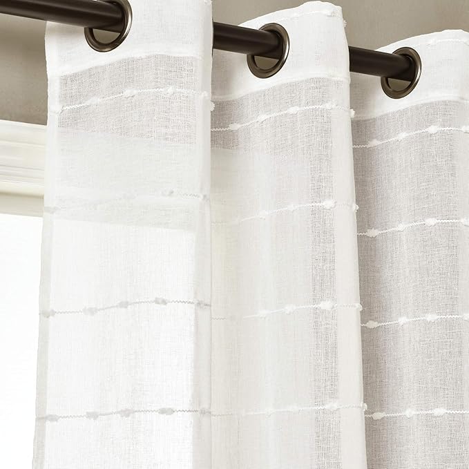 Lush Decor Farmhouse Textured Grommet Sheer Window Curtain Panel Pair, 38"W x 95"L, White