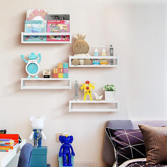 Ollieroo Set of Four Floating Book Shelves for Wall, Nursery Book Shelf for Kids Room, Bamboo Wood Hanging Bookshelf for Baby Teen Boys Girls, Wall Mounted Shelves for Bedroom Bathroom Decor(White)