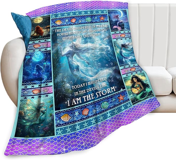 Mermaid Blanket for Girls Blue Ocean Throw Blankets Soft Cozy Warm Fuzzy Fleece Marine Life Shells Bedding Flannel Throws Stuffed Animal Gifts for Mermaid Lovers Kids Men Women Bedroom Decor 60"x50"