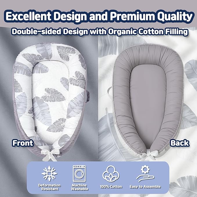 Baby Lounger for Newborn 0–24 Months, Baby Pillow & Baby Nest Lounger, Organic Cotton Breathable Infant Pillow, Portable Baby Nest for Home & Travel (Grey)