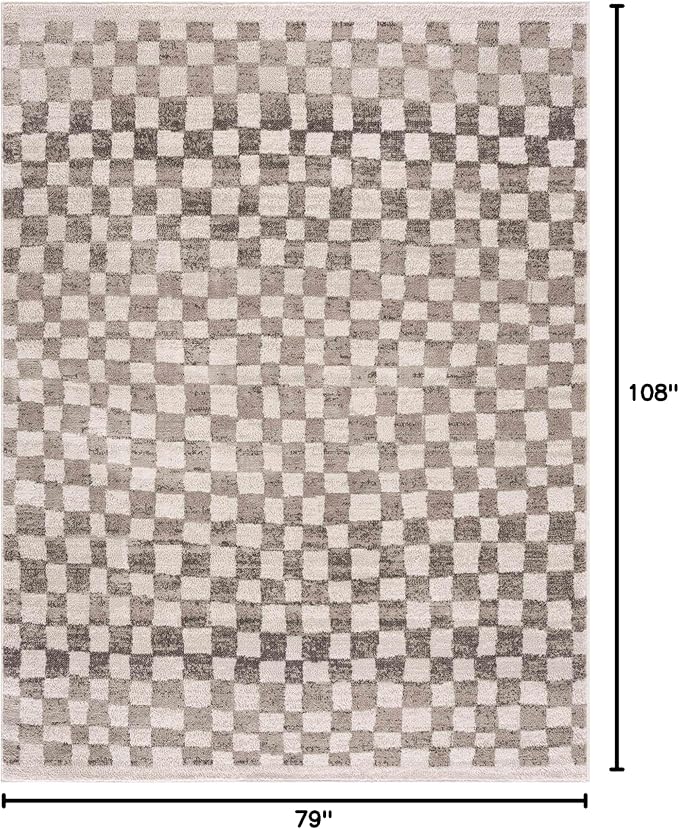 Hauteloom Pertek Modern Checkered Area Rug - Modern Geometric Carpet for Living Room, Kids Room, Nursery - Bohemian Boho Carpet - Brown, Beige, Cream - 6'7" x 9'