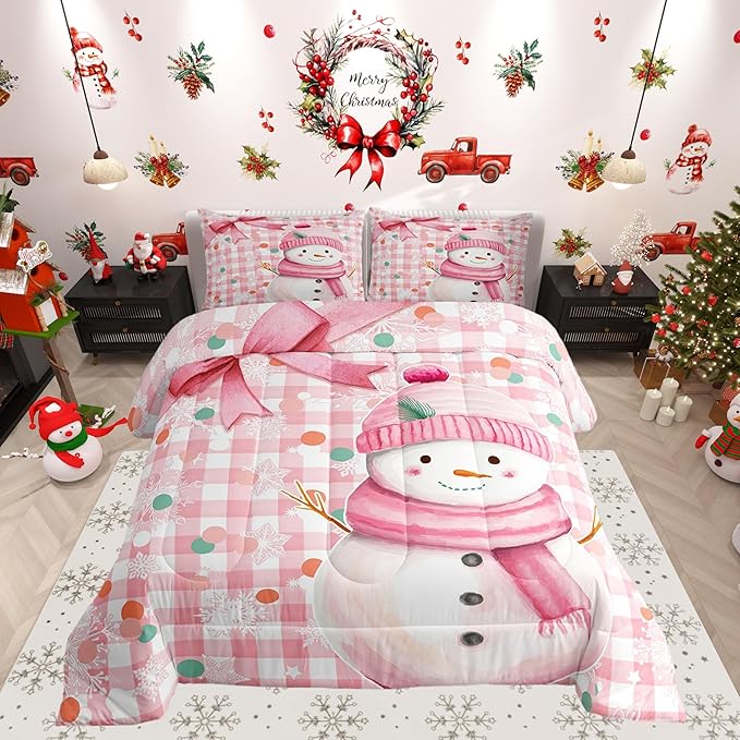 Castle Fairy Pink White Geometric Grid Dots Bed Comforter Set Queen Size,Pink Bow Girly Style Super Soft Microfiber Bedding Set for Adults Teens,Cute Cartoon Snowman Comforter Set,2 Pillowcases