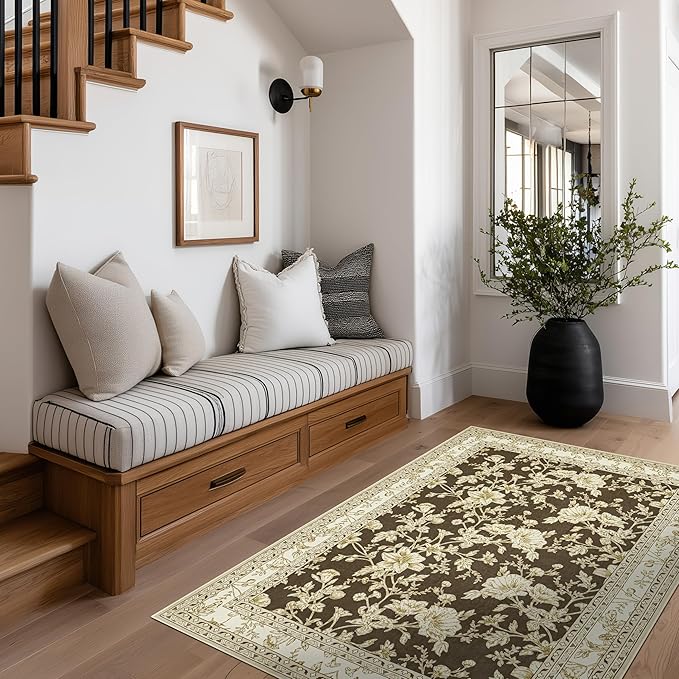Brown Floral Print Area Rugs for Bedroom Living Room Boho Farmhouse Country Rustic Dining Room Carpet Soft Washable Rugs Non Slip Floor Covering for Nursery Playroom 3x5